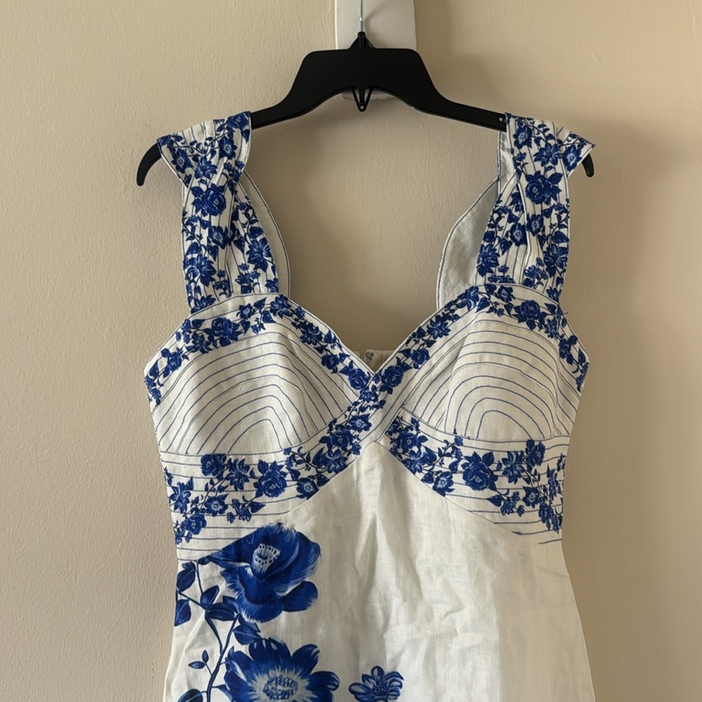 FARM RIO Floral Cascade Wavy Euroflax Premium Linen Midi Dress,Large,$280 - Picture 5 of 9